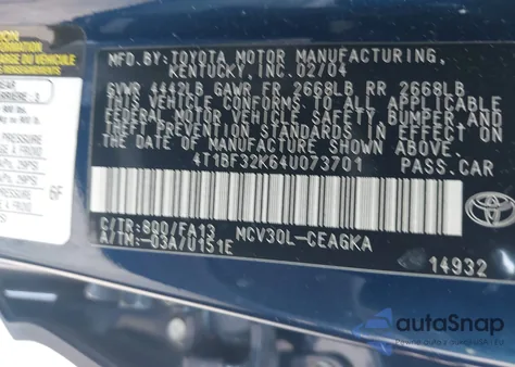 2004 Toyota Camry Xle V6 из США, поврежденный, VIN 4T1BF32K64U073701